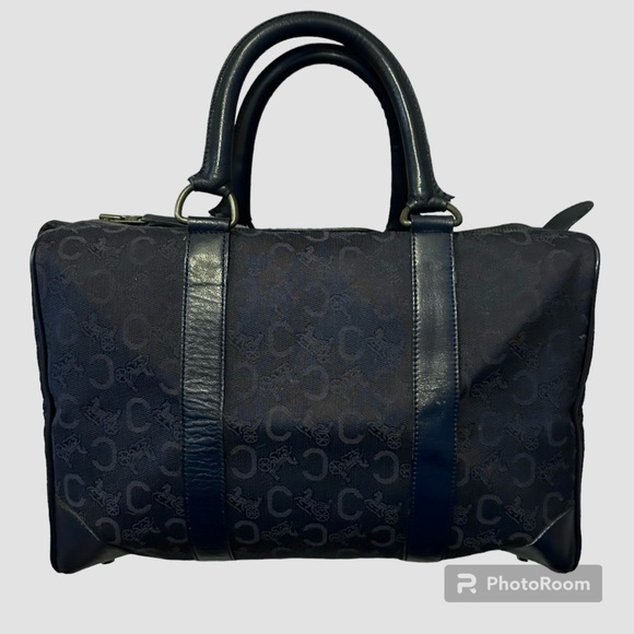 CELINE Authentic Vintage C Macadam Navy Blue Canvas Leather Trim Boston Bag Tote - Picture 3 of 17